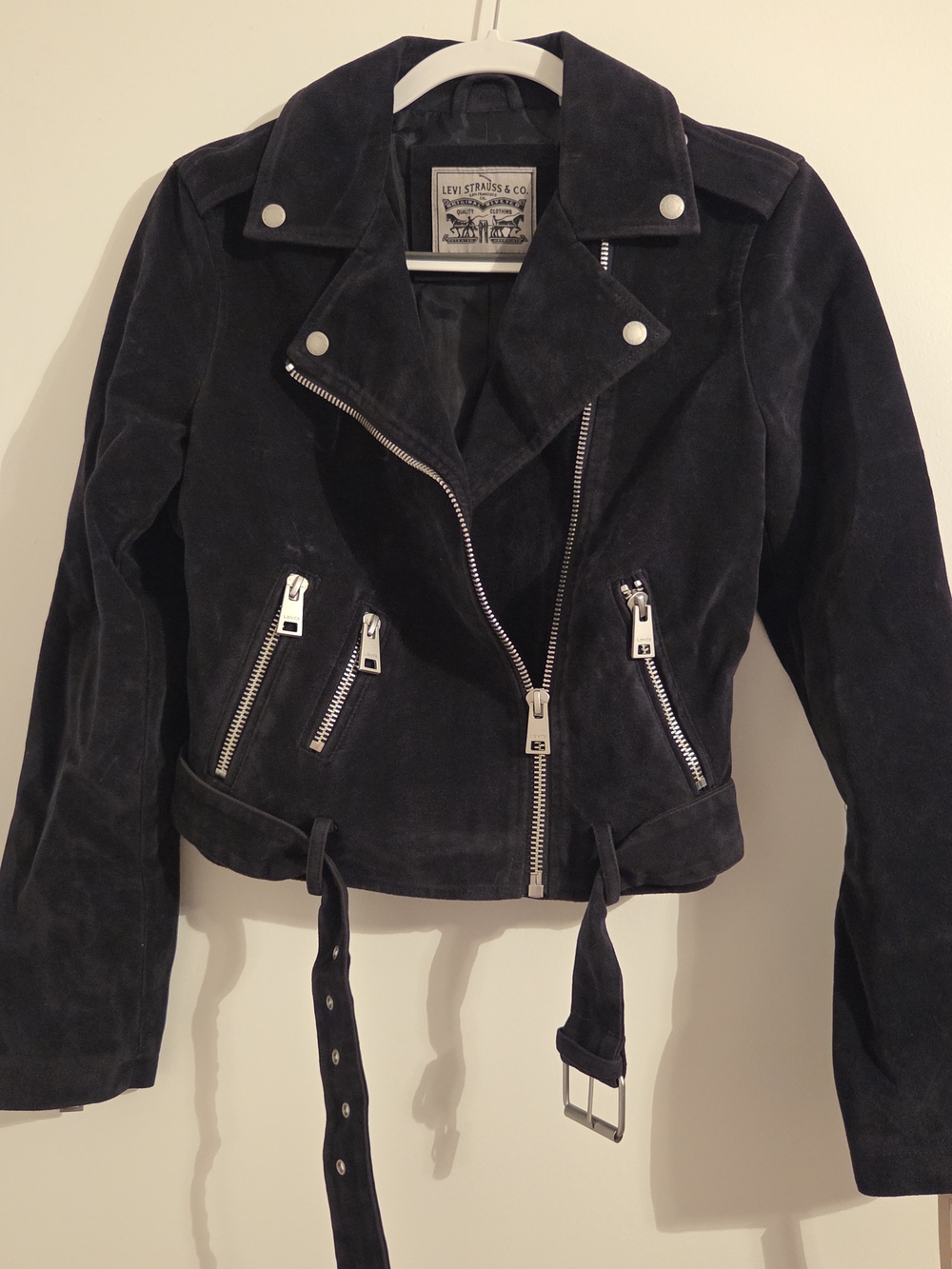 Levi's Black Suede Moto Jacket with Silver Hardware and Belt